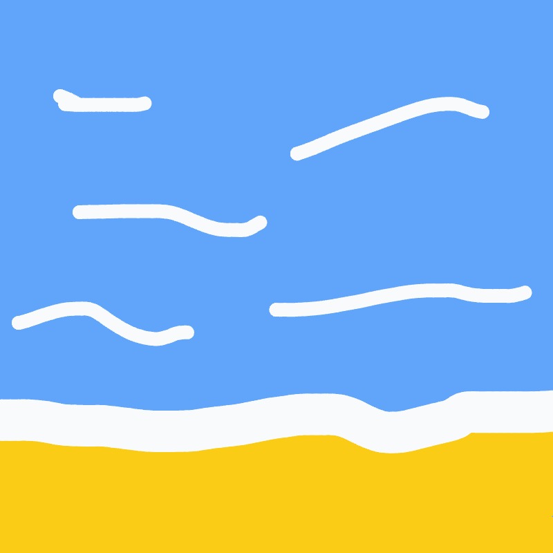 A simple beach scene: a blue sky with white wispy lines, a white foamy shoreline, and a yellow sandy beach.