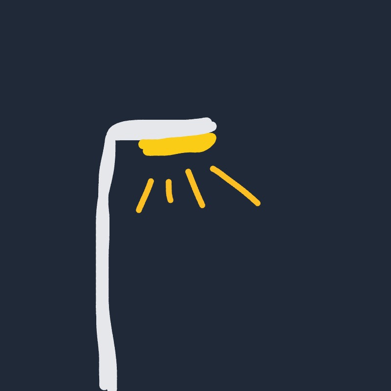 A minimalist illustration of a streetlamp glowing yellow light against a dark blue night sky.